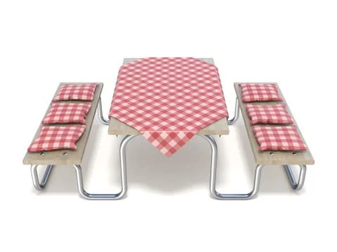 Picnic table with red table cover and pillows. 3D イラスト素材