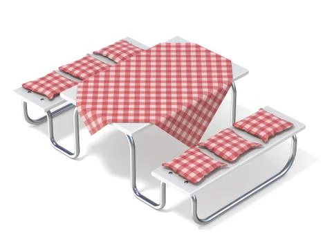 Picnic table with red table cover and pillows. 3D イラスト素材