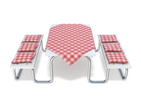 Picnic table with red table cover and pillows. 3D イラスト素材