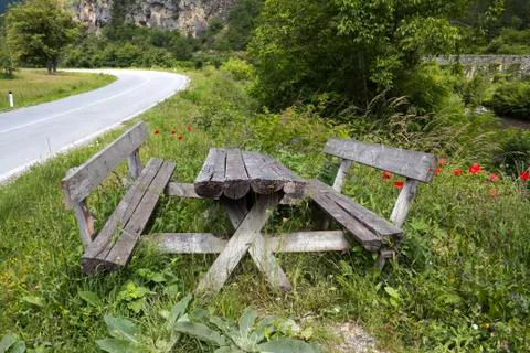 Picnic table at rest area found along an highway Stock Photos