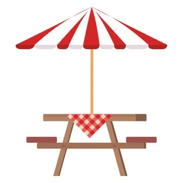 Picnic table with umbrella and tableclothes Stockillustratie