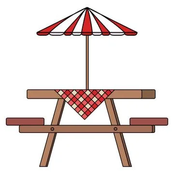 Picnic table with umbrella and tableclothes Illustration