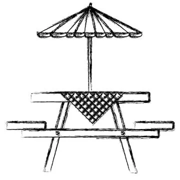 Picnic table with umbrella and tableclothes Illustration