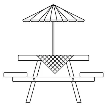 Picnic table with umbrella and tableclothes Illustration