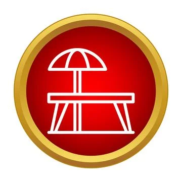 Picnic table with umbrella icon on red background Stock Illustration