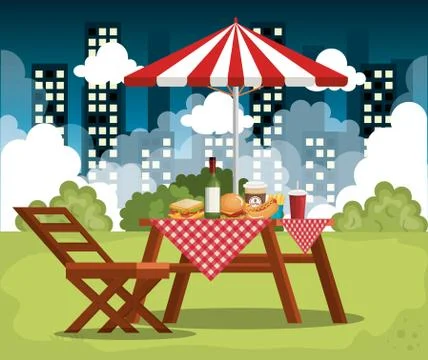 Picnic table with umbrella scene Stockillustratie