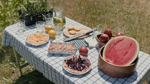 Picnic Table with Watermelon and Pies in Neighborhood Park Vídeos de archivo 314623013