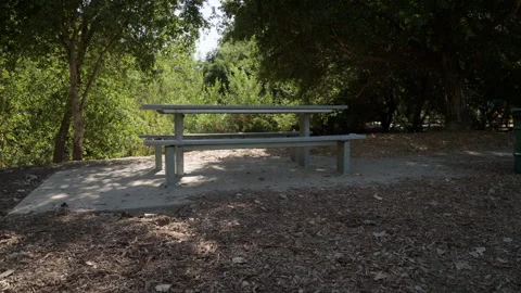 Picnic table in wilderness camera booms up Video stock 289695265