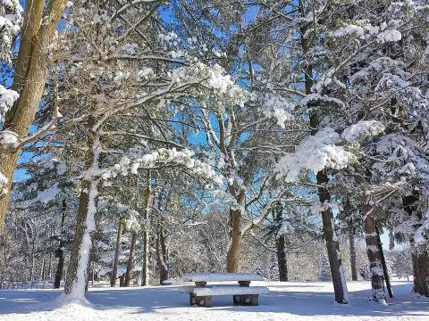 Picnic table in winter Stock Photos