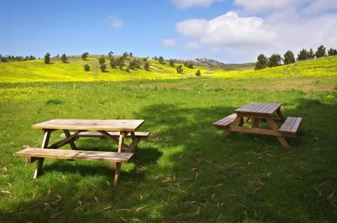 Picnic tables Stock Photos
