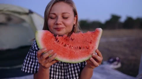 Picnic time at sunset in front of the camera beautiful lady with a large smile Stock Footage 151110979