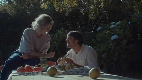 Picnic under the trees celebrating love with fruits and laughter Stock Footage 320025673