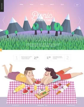 Picnic, web template with lilac sky Stock Illustration