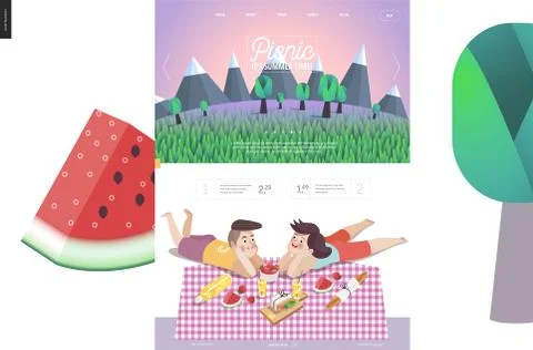 Picnic, web template with lilac sky Stock Illustration