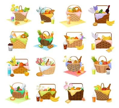 Picnic Wicker Baskets with Handle Full of Food Big Vector Set Illustration
