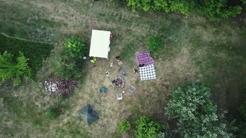 Picnic in the woods. drone flying up Stock Footage 197544644