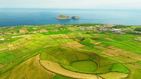 Pico Dona Joana, Patchwork Fields and Cabras Islet. Terceira Island, Azores Stock Footage 346305467