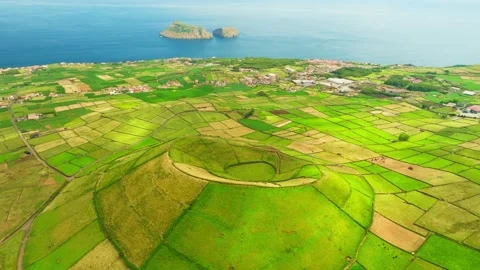 Pico Dona Joana, Patchwork Fields and Cabras Islet. Terceira Island, Azores Stock Footage 346305481