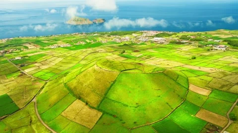 Pico Dona Joana, Patchwork Fields and Cabras Islet. Terceira Island, Azores Stock Footage 346499681