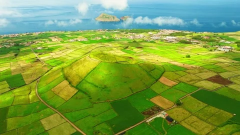 Pico Dona Joana, Patchwork Fields and Cabras Islet. Terceira Island, Azores Stock Footage 346499694