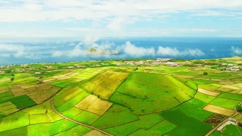Pico Dona Joana, Patchwork Fields and Cabras Islet. Terceira Island, Azores Stock Footage 346499695