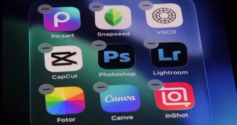 Picsart, Snapseed, VSCO, CapCut, Photoshop, Lightroom, Fotor, Canva, InShot. Stock Footage 341865873