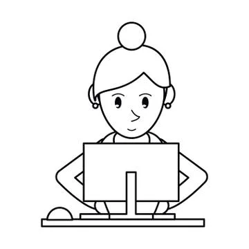 Pictogram girl using computer working Stock Illustration