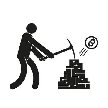 Pictogram man with a pickaxe mining crypto currency bitcoin Stock Illustration