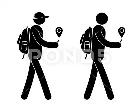 Pictogram man with small backpack is guided along the GPS Stock Illustration