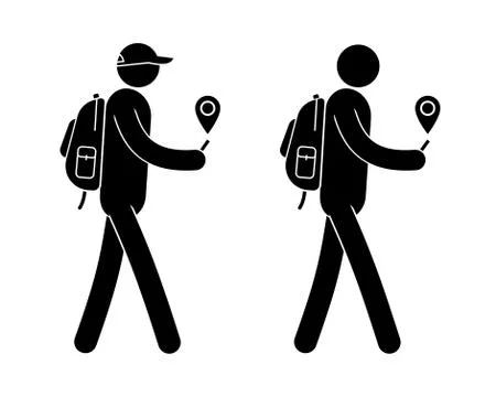 Pictogram man with small backpack is guided along the GPS 스톡 일러스트