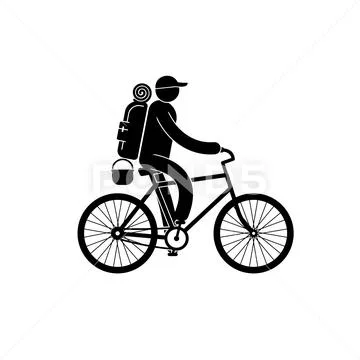 Pictogram tourist with large backpack rides bicycle Stock Illustration