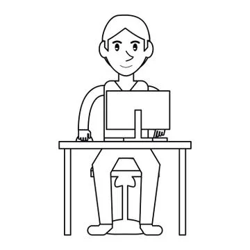 Pictogram young boy uses computer desk chair design 스톡 일러스트