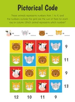 Pictorical code Educational Sheet. Primary module for Numerical Ability. 5-6  Illustrazione stock