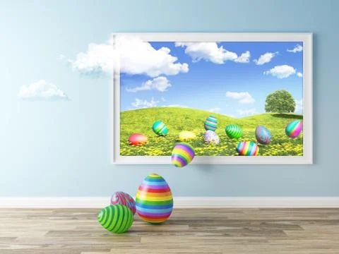 Picture Alive - Easter Eggs In Blooming Meadow 3d illustration Stock Illustration