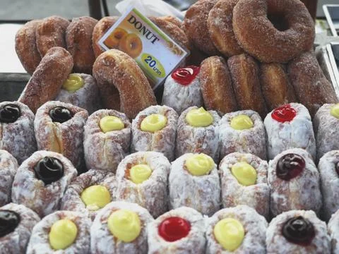 Picture of assorted delicious donuts. Close up Stock Photos