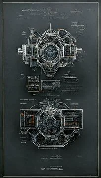 A picture of a blueprint of some kind of sci-fi spaceship or computer of the Stock Illustration