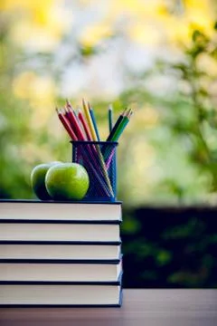 The picture of the book is placed on the table, teaching materials Education  Foto stock