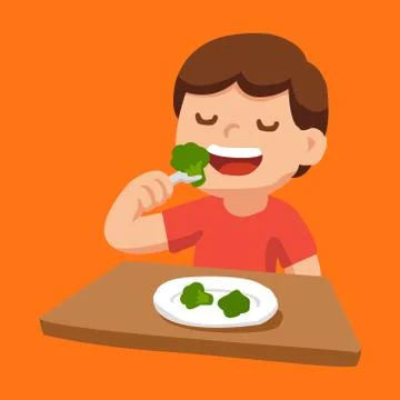 Picture of a boy eating broccoli. Vector illustration Stock-Illustration