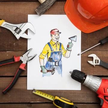 Picture of builder with tools. Stock Photos