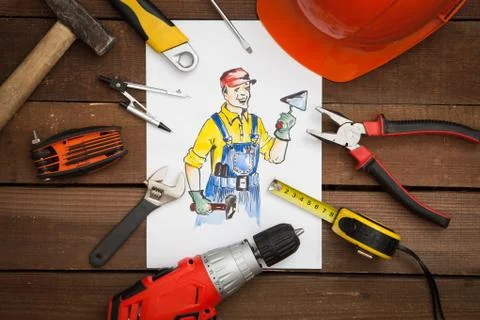 Picture of builder with tools. Stock Photos