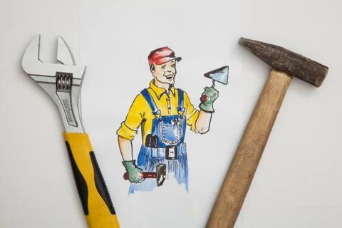 Picture of builder with tools. Foto stock