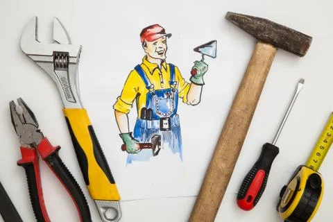 Picture of builder with tools. Stock Photos