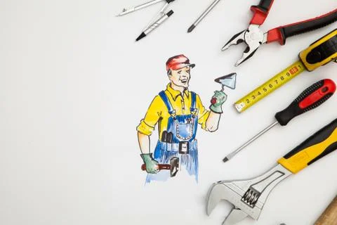 Picture of builder with tools. Stock Photos