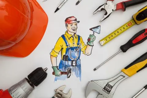 Picture of builder with tools. Stock Photos