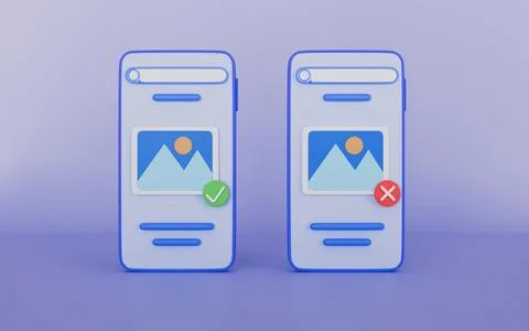 Picture with check and cross marks on Phone, Add or delete image in gallery Stock Illustration