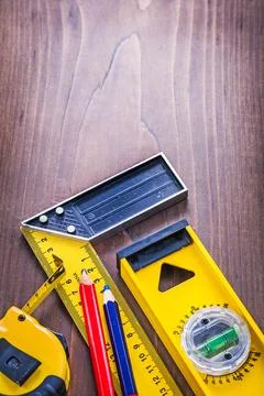 Picture with copyspace set of building tools level square ruller pencil Stock Photos