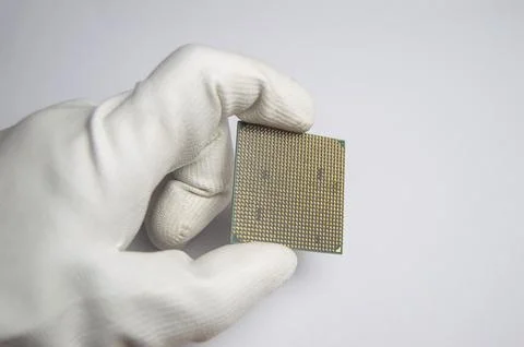 Picture of CPU chip in hand, CPU with many pins, on white background. Stock Photos