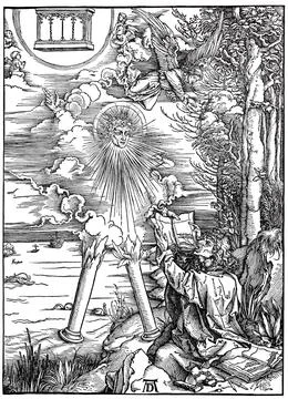 Picture cycle The Apocalypse John devours the book woodcut by Albrecht Duerer Stock Illustration