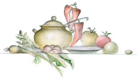 Picture of different vegatables and tableware over white background Ilustração Stock