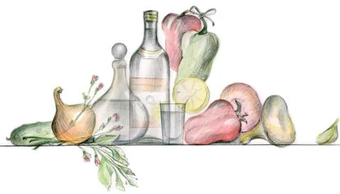 Picture of different vegatables and tableware over white background Ilustração Stock
